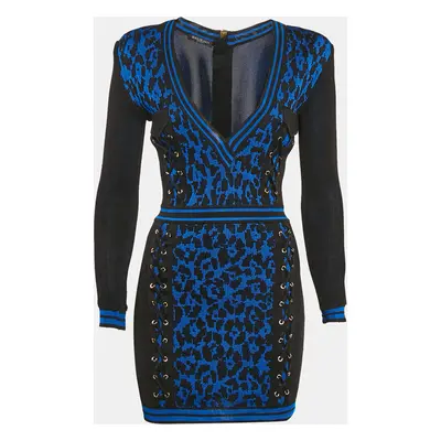 Balmain Black/Blue Leopard Knit Lace-Up Mini Dress