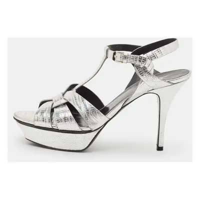 Saint Laurent Silver Lizard Embossed Leather Tribute Sandals Size