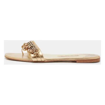 Gina Gold Leather Crystal Embellished Flat Slides Size 39.5