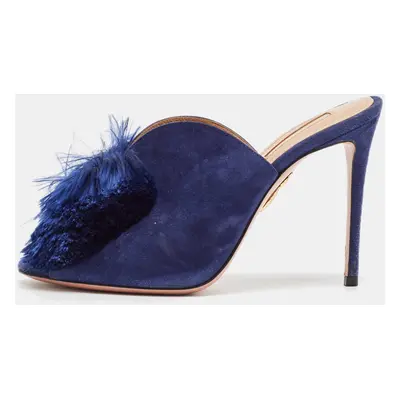 Aquazzura Navy Blue Suede Lotus Blossom Peep Toe Mules Size