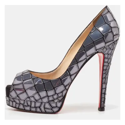 Christian Louboutin Slate Grey/Black Patent and Satin Mosaic Sobek Platform Pumps Size