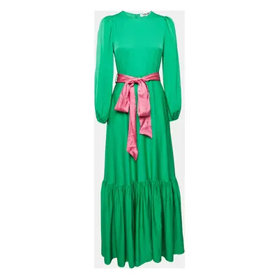 Diane Von Furstenberg Green Silk Belted Flounce Amabel Maxi Dress