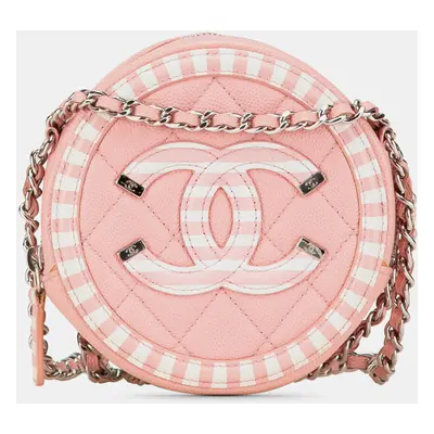 Chanel Pink Caviar Striped CC Filigree Round Crossbody