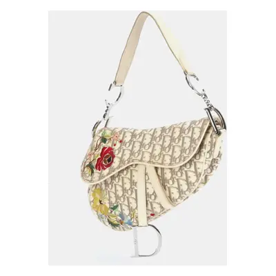 Christian Dior Neutrals Canvas Floral-Embroidered Diorissimo Saddle Bag