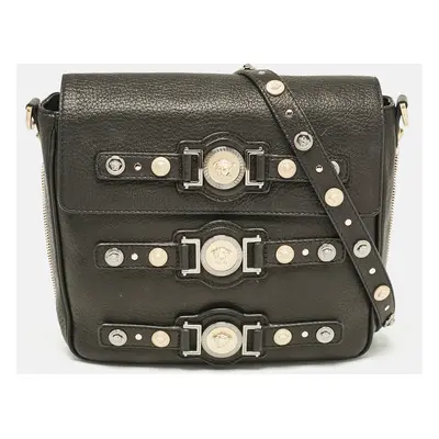 Versace Black Leather Medusa Studded Flap Crossbody Bag