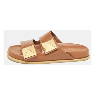 Valentino Brown Leather Roman Stud Flat Slides Size 38.5