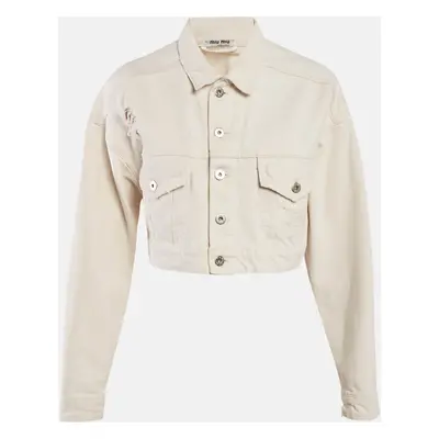 Miu Miu Off-White Distressed Denim Button Front Cropped Jacket