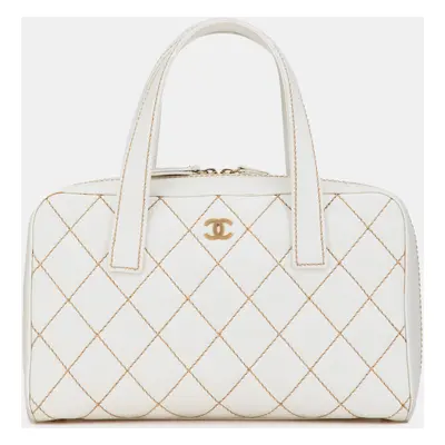 Chanel White CC Quilted Lambskin Wild Stitch Handbag