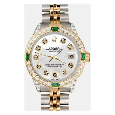 Rolex datejust yellow gold steel Wristwatch diamonds emeralds bezel lugs white mop diamond dial