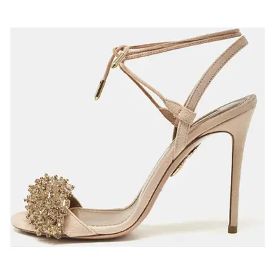 Aquazzura Peach Suede Monaco Embellished Ankle Wrap Sandals Size