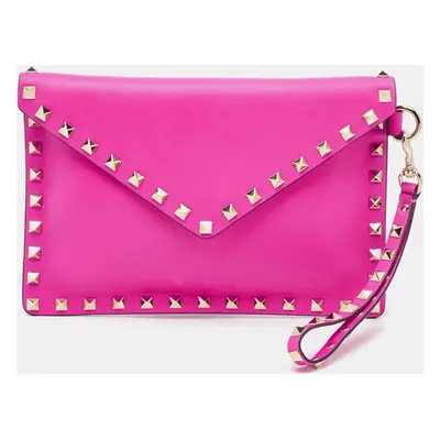 Valentino Fuchsia Leather Rockstud Envelope Wristlet Clutch