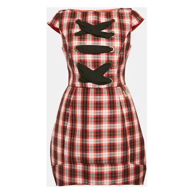 Elisabetta Franchi Red/Multicolor Plaid Print Synthetic Lace-Up Detail Mini Dress