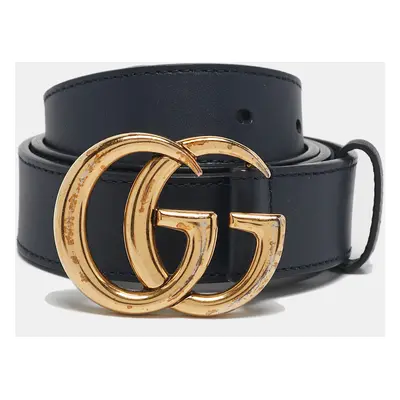 Gucci Navy Blue Leather GG Marmont Buckle Belt