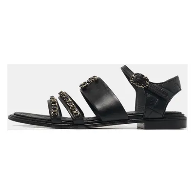 Chanel Black Leather Chain Detail Flat Sandals Size 38.5