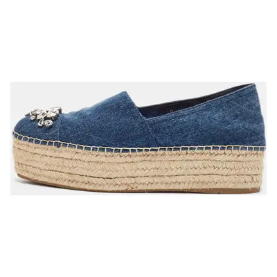 Miu Miu Blue Denim Crystal Embellished Platform Espadrilles Size