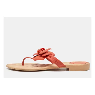 Chanel Orange Rubber Camellia Flat Thong Sandals Size