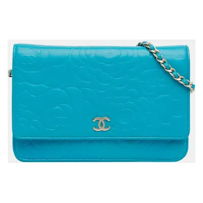 Chanel Blue Lambskin Camellia Embossed Wallet On Chain