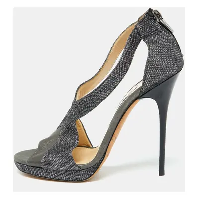 Jimmy Choo Grey Leather and Coarse Glitter Open Toe Sandals Size 39.5