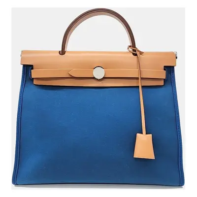 Hermes Blue Izmir Canvas and Natural Calfskin Leather Herbag Zip PM Bag