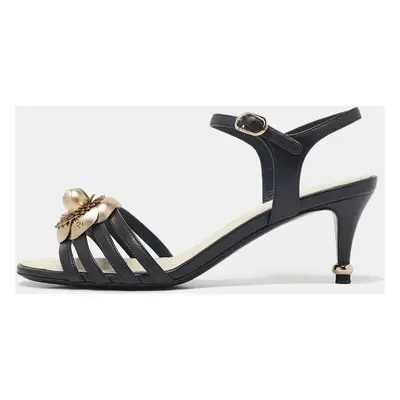 Chanel Black Leather Camellia Ankle Strap Sandals Size 37.5