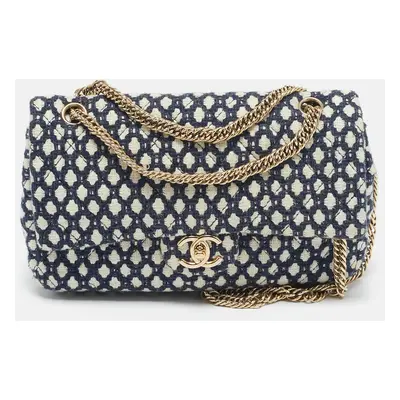 Chanel Blue/White Quilted Tweed Classic Double Flap Bag