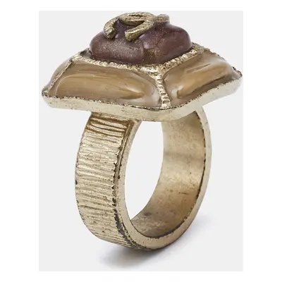 Chanel CC Gold Tone Enamel Cocktail Ring Size