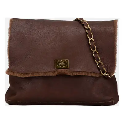 Chanel Brown Shearling Trim Nubuck Leather Chain Flap Bag