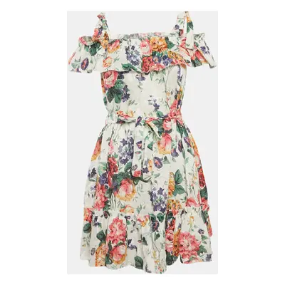 Zimmermann White Floral Print Linen Tie-Up Strap Detail Belted Allia Mini Dress