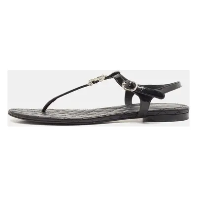 Chanel Black Patent and Leather CC Pearl Embellished Flat Thong Sandals Size