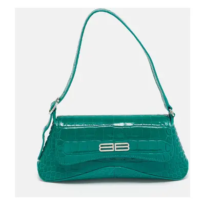 Balenciaga Green Croc Embossed Leather Small Xx Flap Shoulder Bag