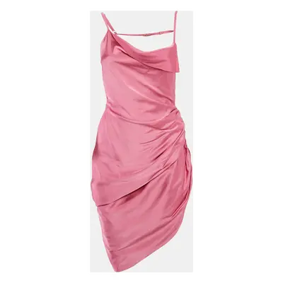 Jacquemus Pink Satin Ruche Asymmetric La Robe Saudade Short Dress