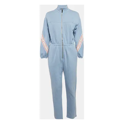 Elisabetta Franchi Blue Cotton Knit Logo Tape Trimmed Jumpsuit