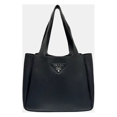 Prada Calf Leather Triangle Stitch Black Tote Bag