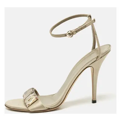 Gucci Grey Satin Crystal Embellished Ankle Strap Sandals Size 38.5