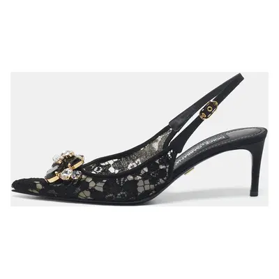 Dolce & Gabbana Black Mesh and Lace Crystal Embellished Slingback Pumps Size 36.5