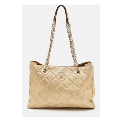 Carolina Herrera Gold Quilted Embossed Leather Chain Tote