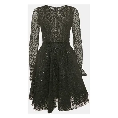 Maje Black Sequin Lace Round Neck Rapido Skater Dress