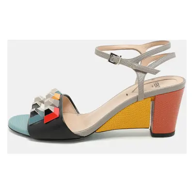 Fendi Multicolor Lizard Embossed and Leather Fantasia Studded Ankle Strap Sandals Size 37.5