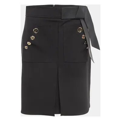 Elisabetta Franchi Black Leather Trim Stretch Crepe Button Detail Mini Skirt