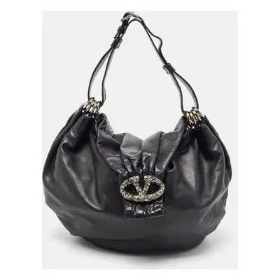 Valentino Black Leather VLogo Crystals Embellished Hobo