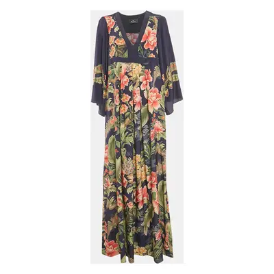 Etro Navy Blue Floral Print Silk Pleated Maxi Dress