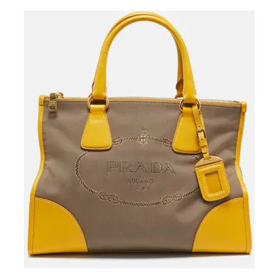 Prada Yellow/Beige Logo Jacquard and Leather Double Zip Tote