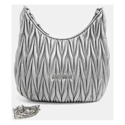 Miu Miu Silver Leather Matrasse Crystal Chain Shoulder Bag