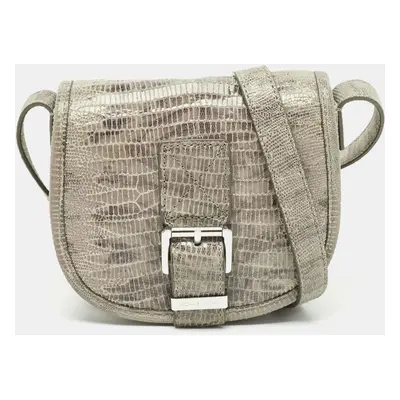 Michael Kors Grey Lizard Embossed Leather Buckle Flap Crossbody Bag