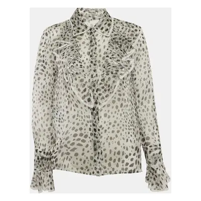 Miu Miu White Printed Silk Button Front Ruffled Blouse