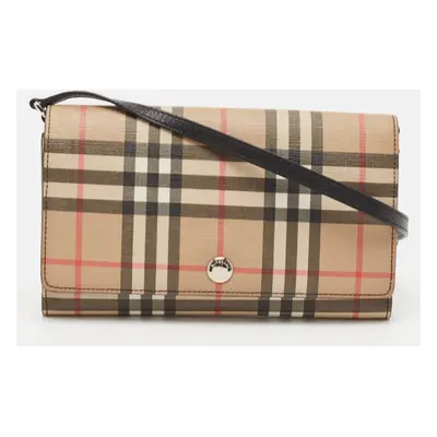 Burberry Malt Brown Vintage Check PVC Hannah Wallet On Strap