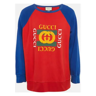 Gucci Blue/Red Vintage Logo Print Cotton Knit Crewneck Sweatshirt