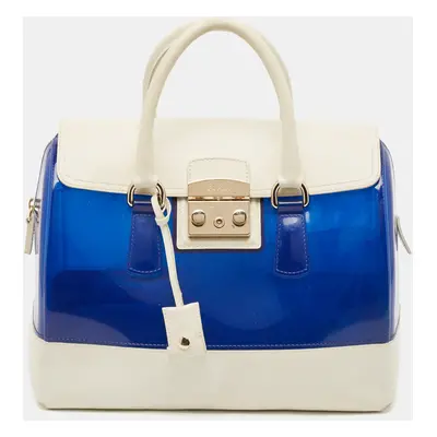 Furla Blue/White Rubber and Leather Candy Flap Satchel