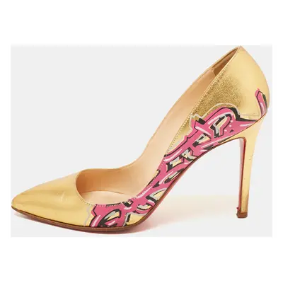 Christian Louboutin Gold Leather Pigalle Graffiti Pumps Size 37.5