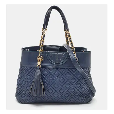 Tory Burch Navy Blue Quilted Leather Small Fleming Tote